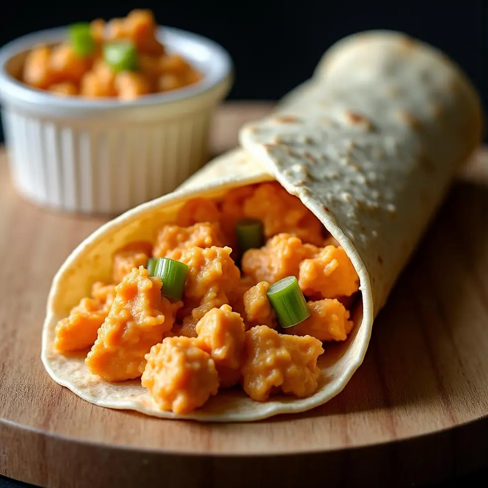 Creamy buffalo chicken salad spooned into a soft flour tortilla wrap on wooden board