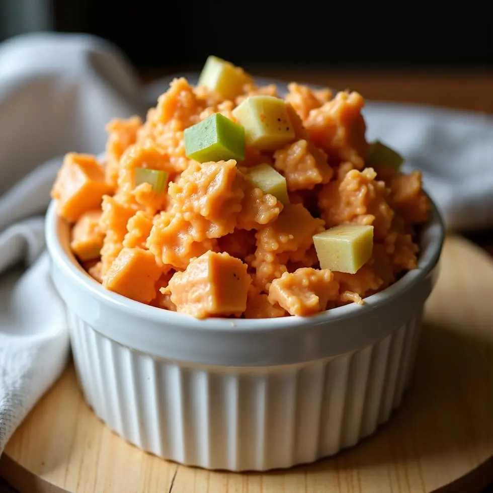 Buffalo Barclay chicken salad in white ramekin, creamy pale orange mixture with shredded chicken and celery cubes — chicken salad chick buffalo barclay recipe