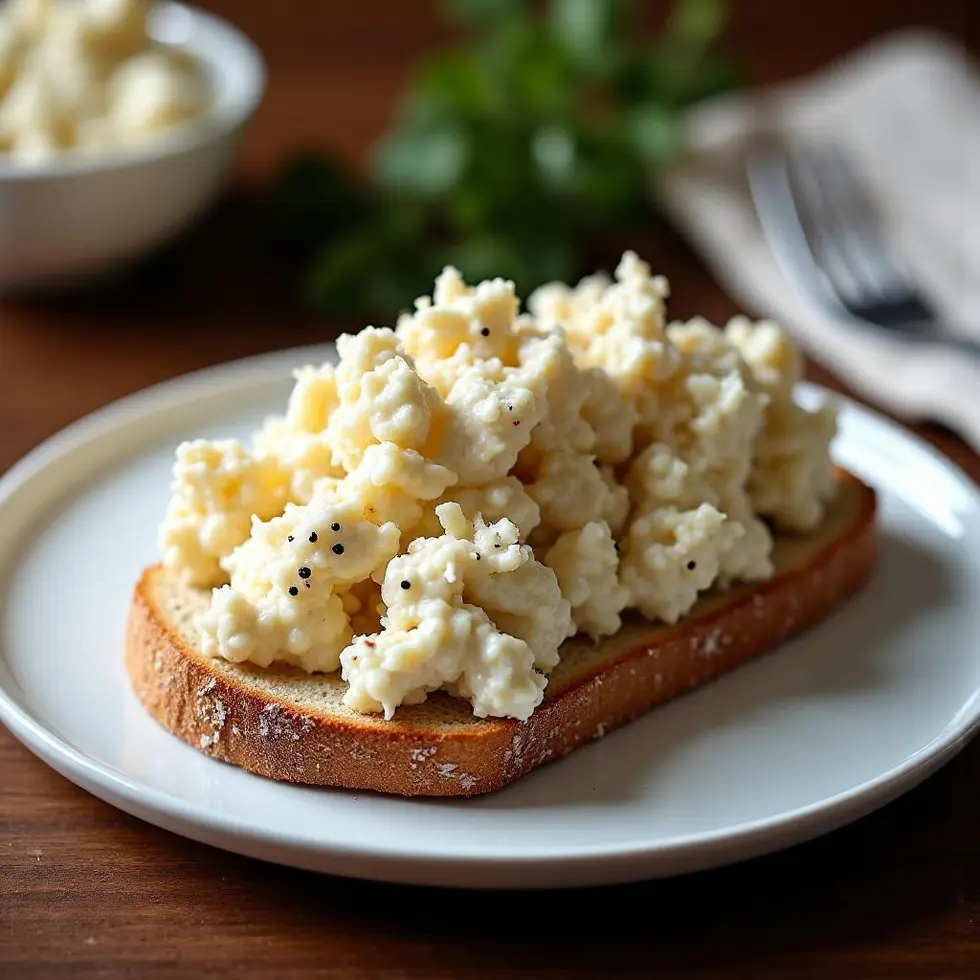 Chicken salad served on toasted whole grain bread, showing the creamy shredded mixture piled on the slice