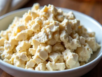 Classic Carol chicken salad in a white bowl, creamy ivory mixture with shredded chicken and black pepper flecks