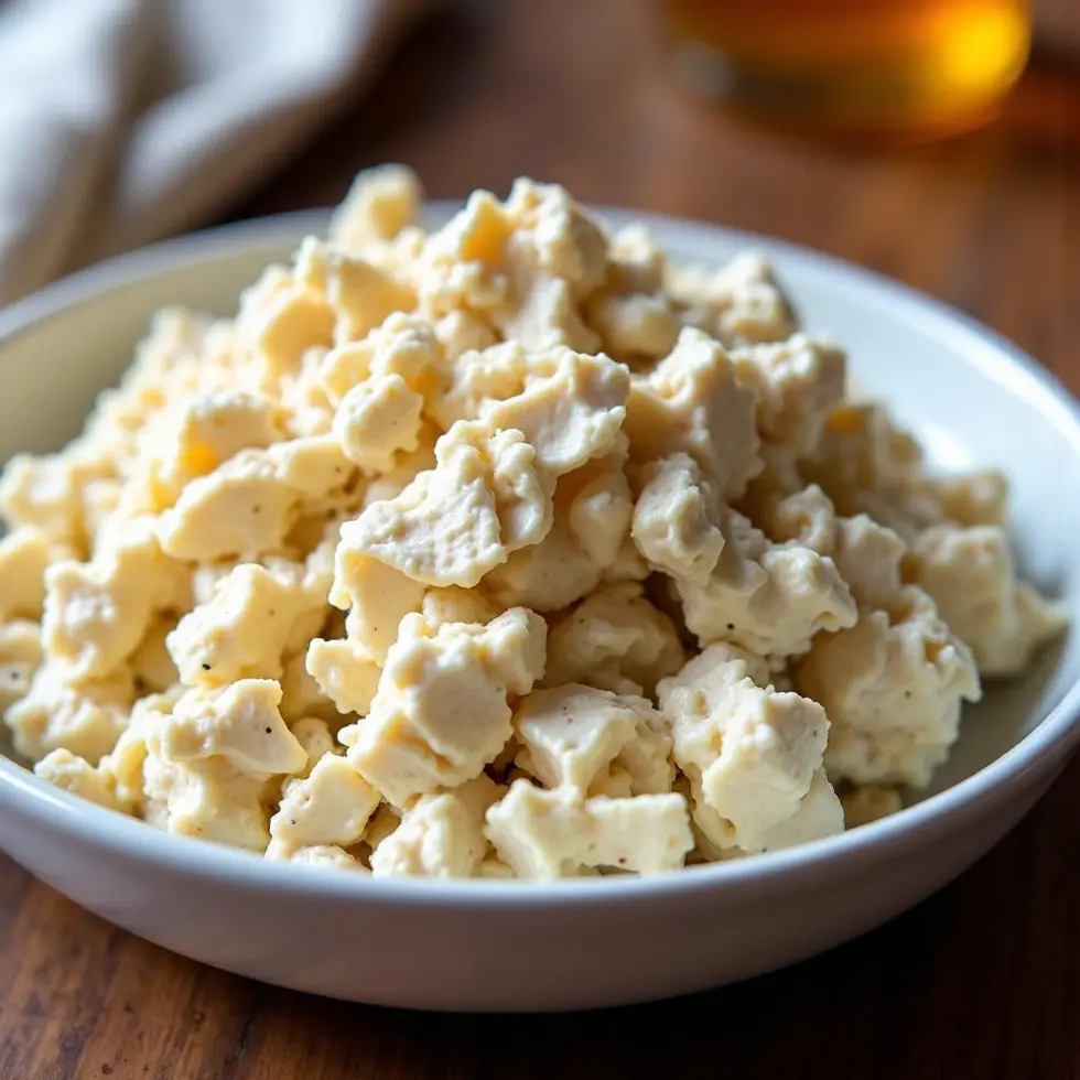 Classic Carol chicken salad in a white bowl, creamy ivory mixture with shredded chicken and black pepper flecks — chicken salad chick classic carol recipe