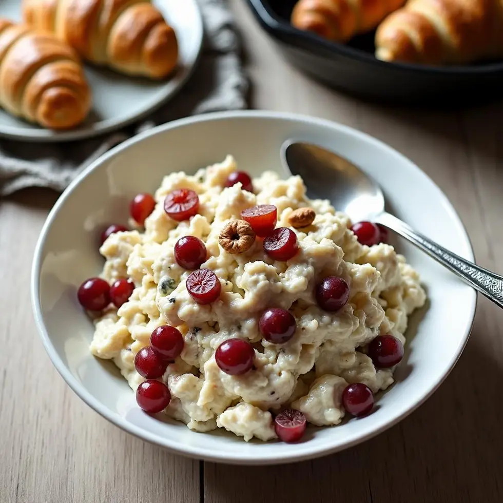 Overhead view of chilled chicken salad with croissants nearby