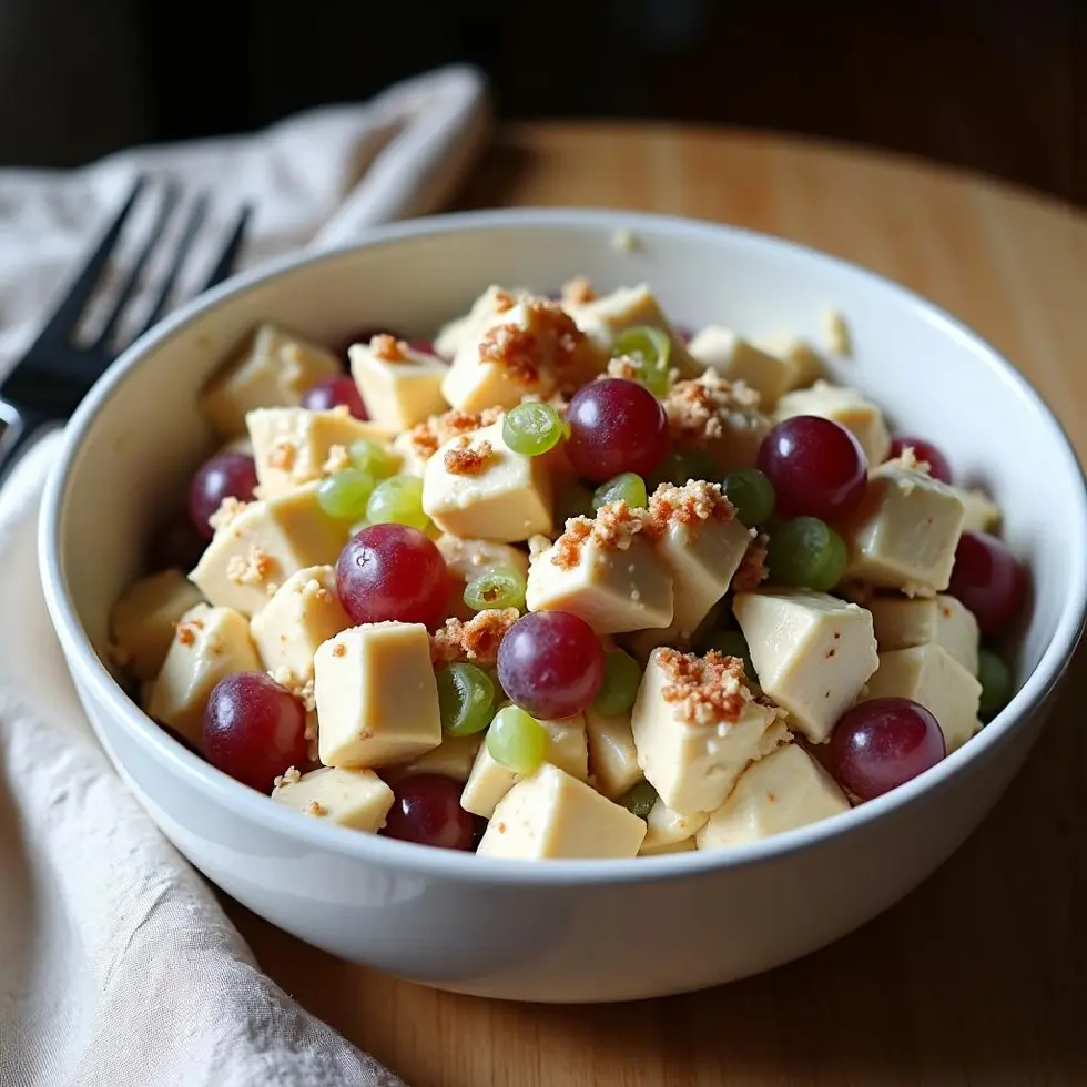 Fancy Nancy chicken salad in a white bowl with grapes and pecans