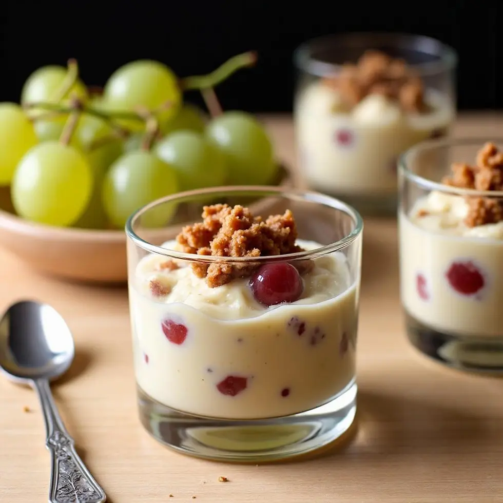 Individual servings in glass dessert cups on a wooden surface with pecan topping