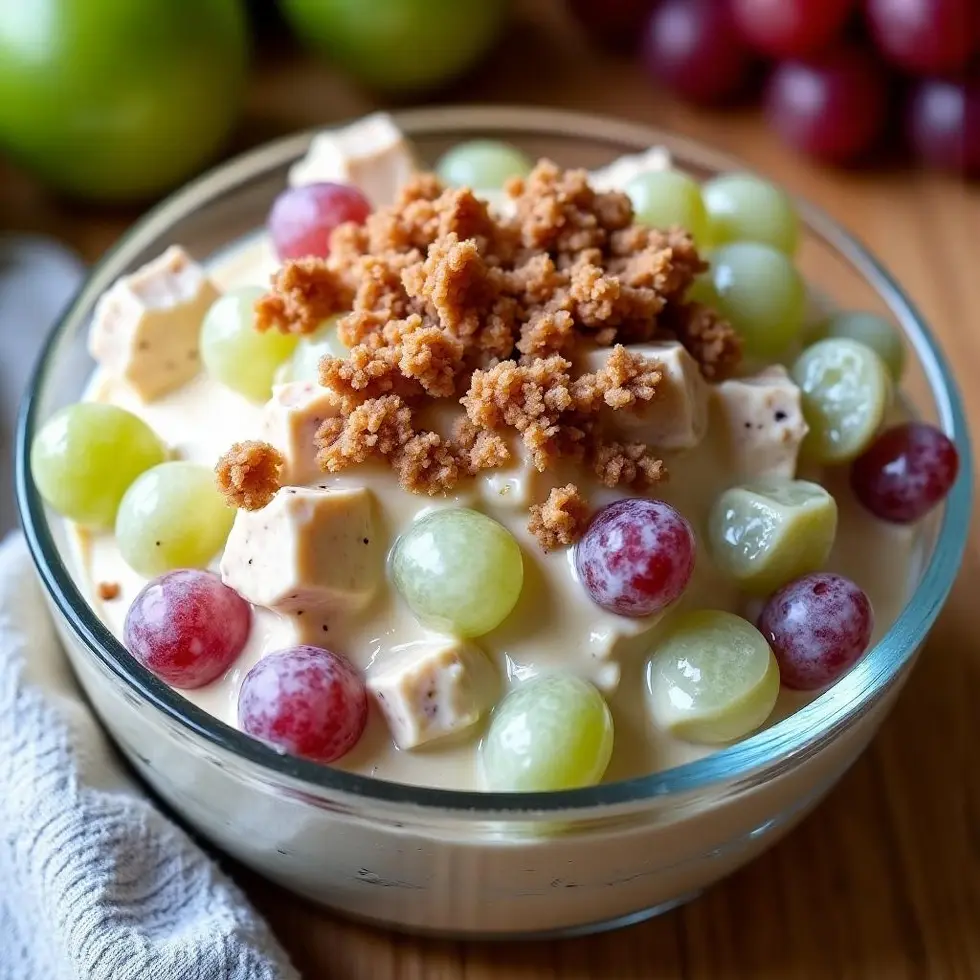 Grape salad with cream cheese dressing in a glass bowl, topped with chopped pecans and brown sugar