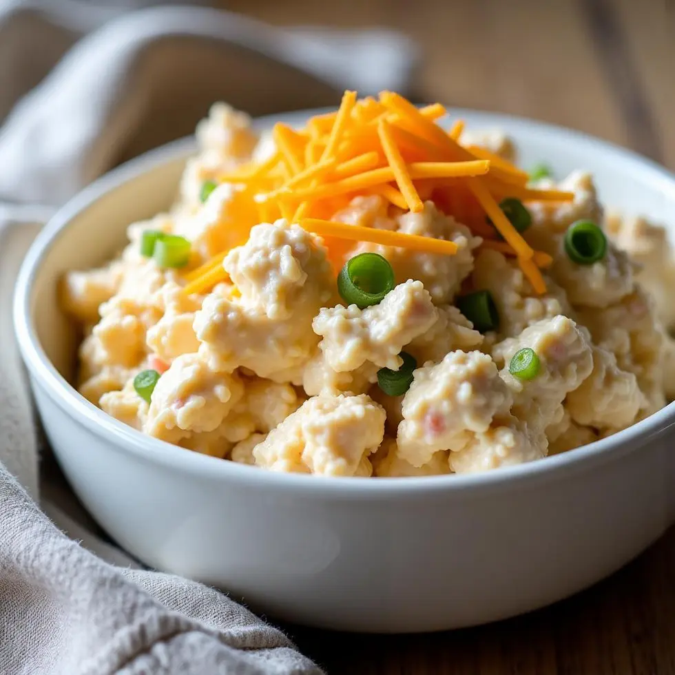 Sassy Scotty chicken salad in a white bowl, creamy with shredded chicken and cheddar — chicken salad chick sassy scotty recipe