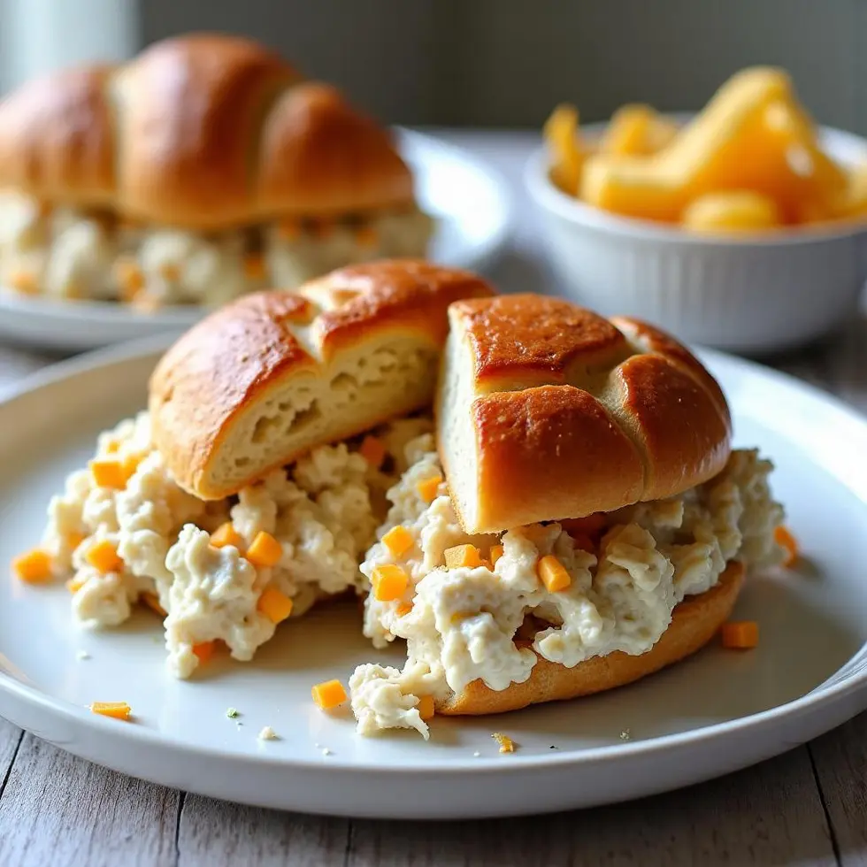 Chicken salad served on a buttery croissant on a white plate