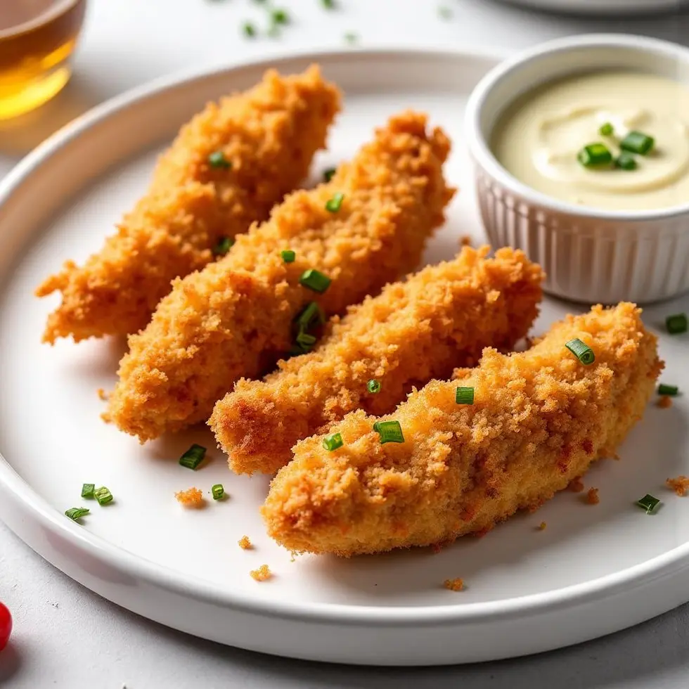 Crispy chicken tenders served with a small bowl of dipping sauce on the side