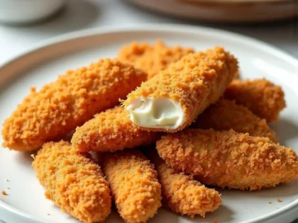 Golden brown air fryer chicken tenders with crispy panko coating stacked on a white plate