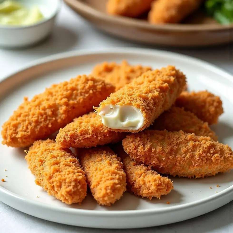 Golden brown air fryer chicken tenders with crispy panko coating stacked on a white plate