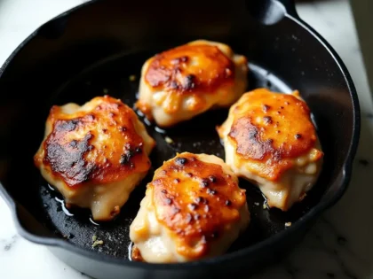 Golden brown chicken thighs with crispy skin in a cast iron skillet on marble counter