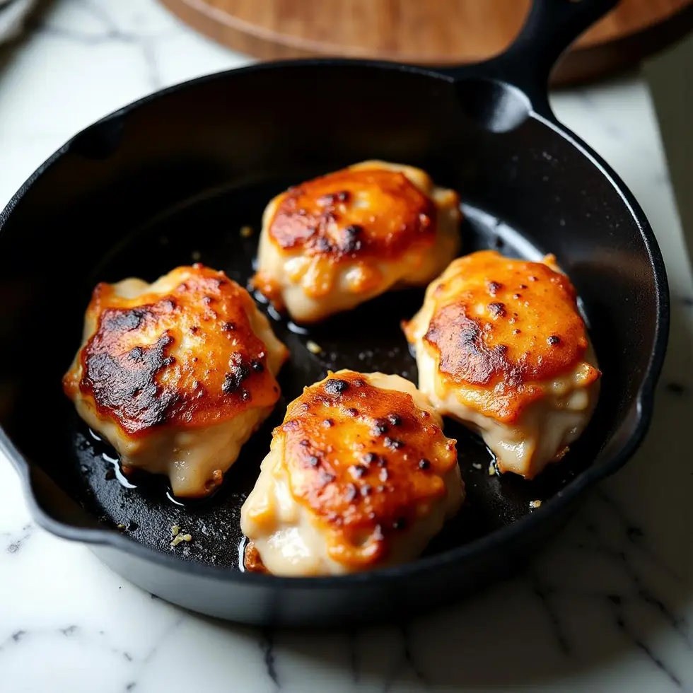 Golden brown chicken thighs with crispy skin in a cast iron skillet on marble counter — chicken thigh pan recipe