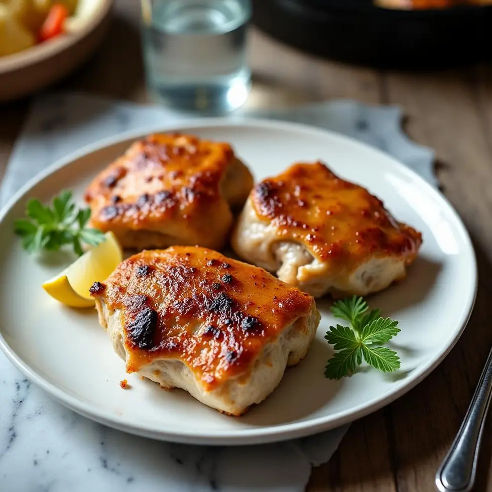 Plated chicken thigh cut in half showing juicy meat with crispy golden skin