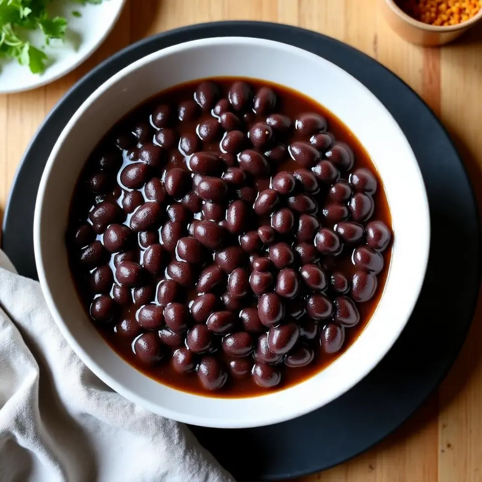 Seasoned black beans in bowl from overhead, ready for burrito bowl assembly
