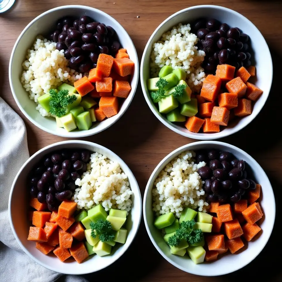 Four meal prep bowls filled with cilantro lime rice, black beans, chipotle chicken, and salsa on a wooden table