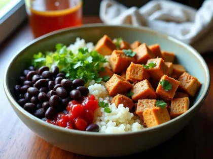 Chipotle chicken burrito bowl in a wide ceramic bowl with rice, black beans, seasoned chicken cubes, and salsa