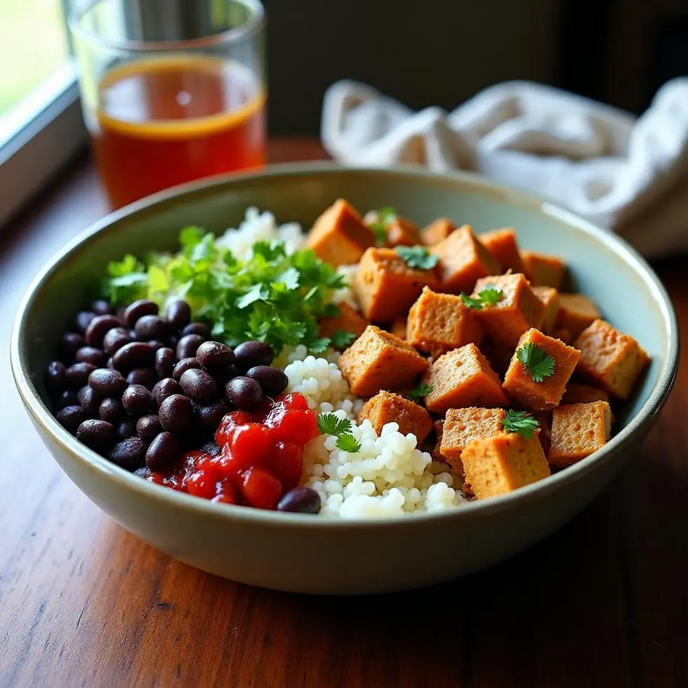 Chipotle chicken burrito bowl in a wide ceramic bowl with rice, black beans, seasoned chicken cubes, and salsa — chipotle chicken burrito bowl recipe
