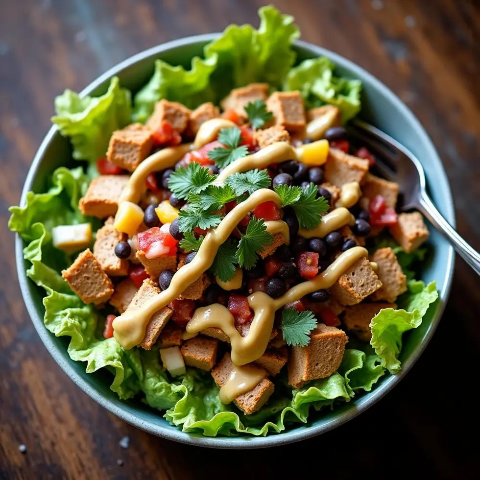 Close-up of layered bowl showing distinct sections of lettuce, chicken, beans, and salsa with dressing