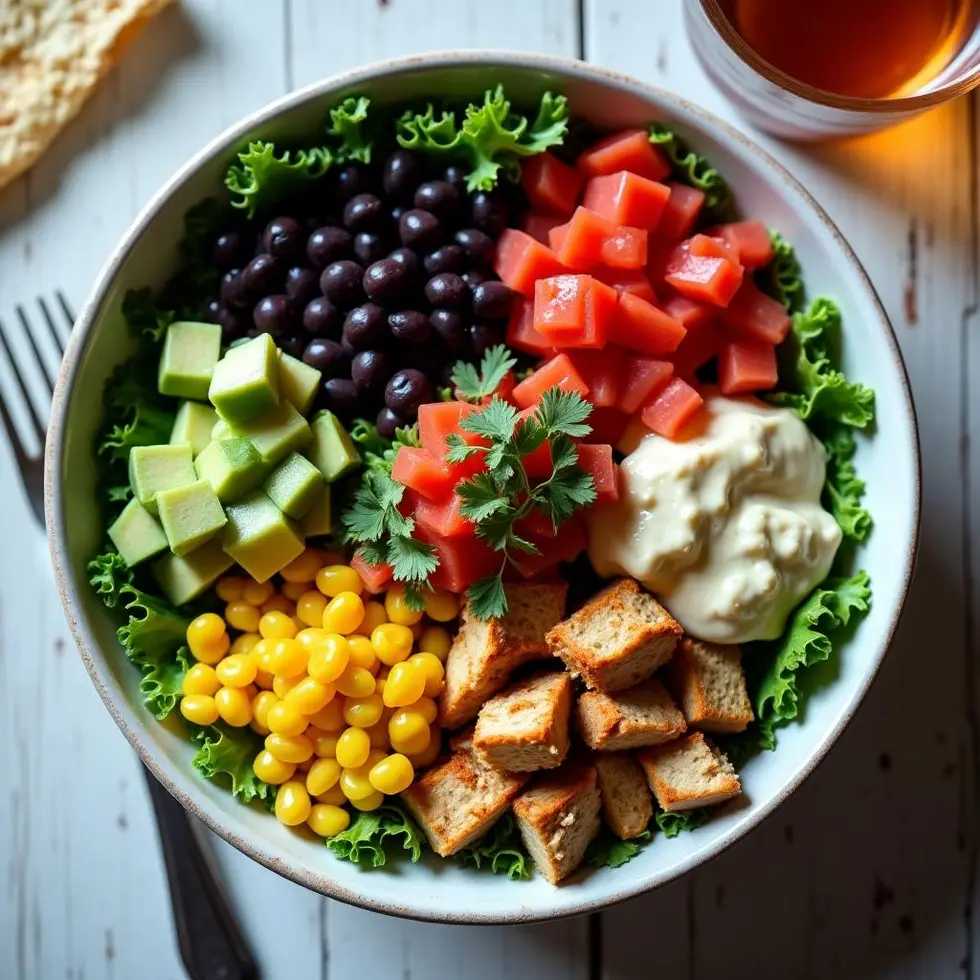 Close-up of the layered salad bowl with creamy dressing drizzled over fresh ingredients
