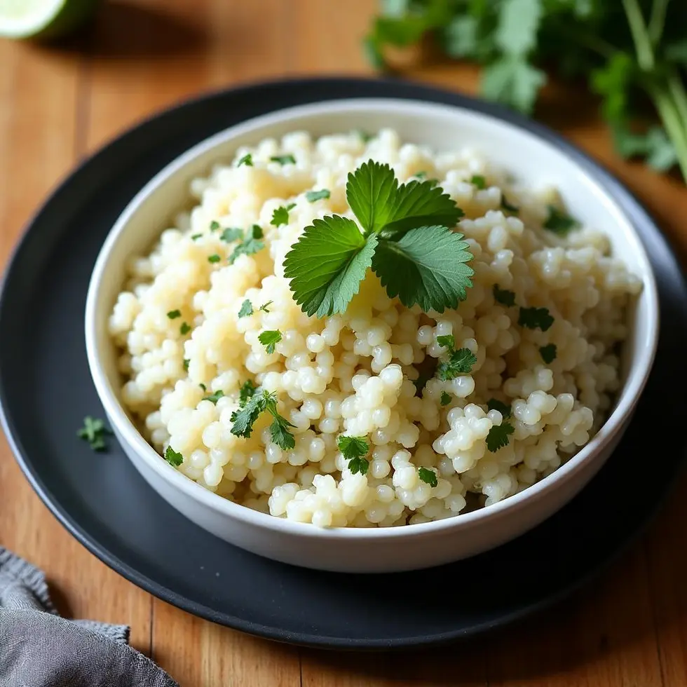 Cilantro lime rice as a base in a shallow bowl for meal prep