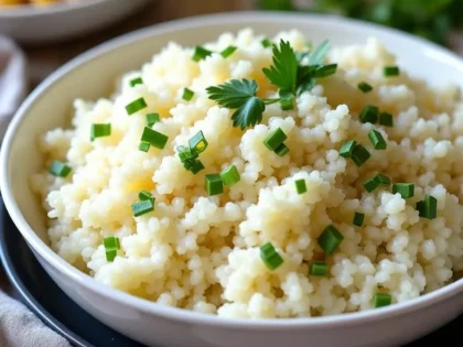 Fluffy cilantro lime rice in a white bowl with fresh chopped cilantro throughout