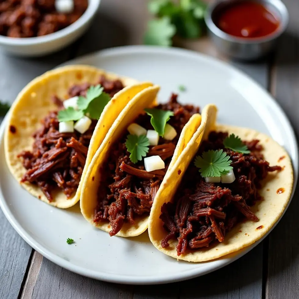 Shredded barbacoa beef served in soft corn tortillas with diced onion