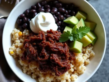 Barbacoa burrito bowl with shredded beef, rice, beans, and sour cream in a white bowl