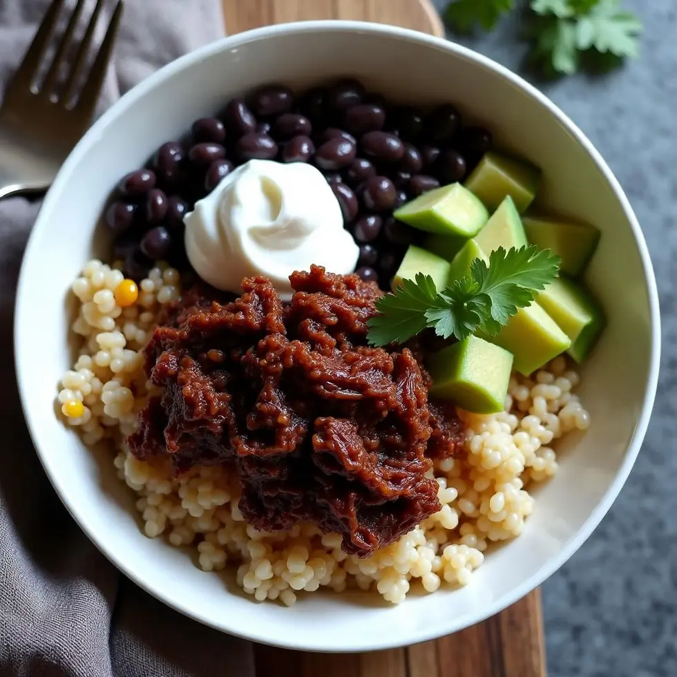 Barbacoa burrito bowl with shredded beef, rice, beans, and sour cream in a white bowl — chipotle copycat barbacoa