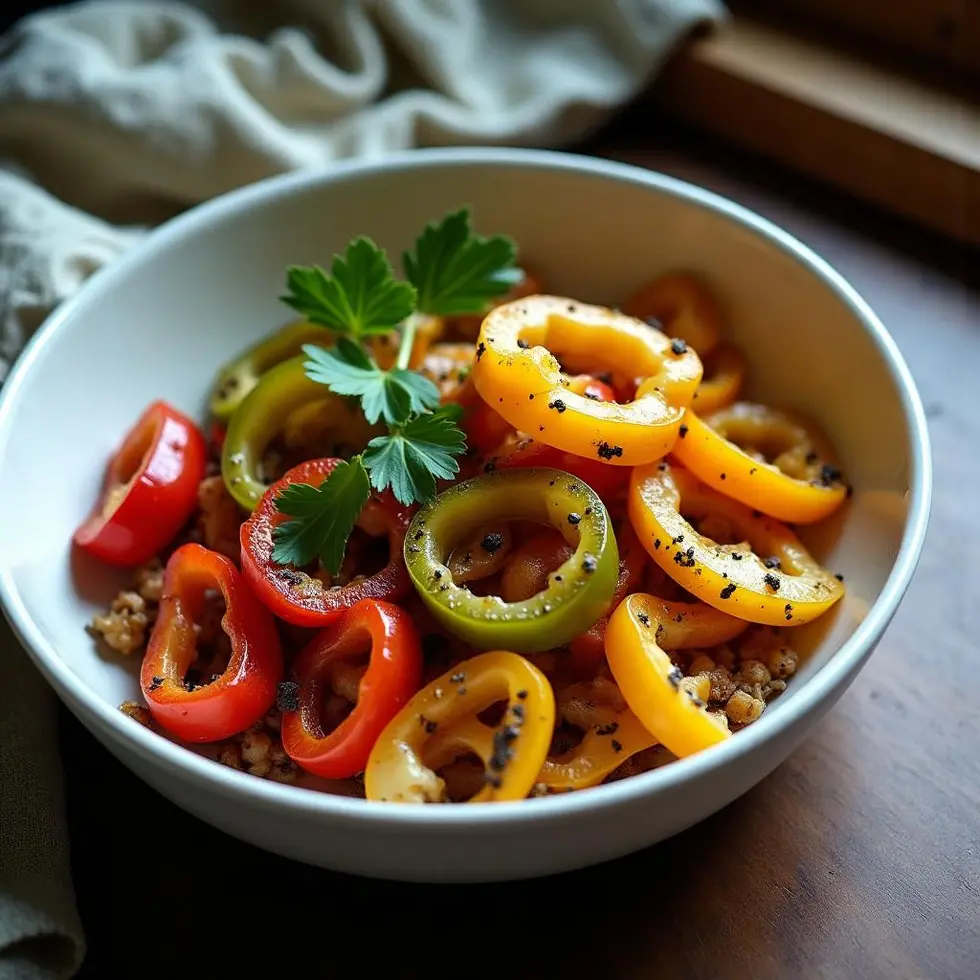 Fajita vegetables arranged in a burrito bowl showing charred edges and seasoning