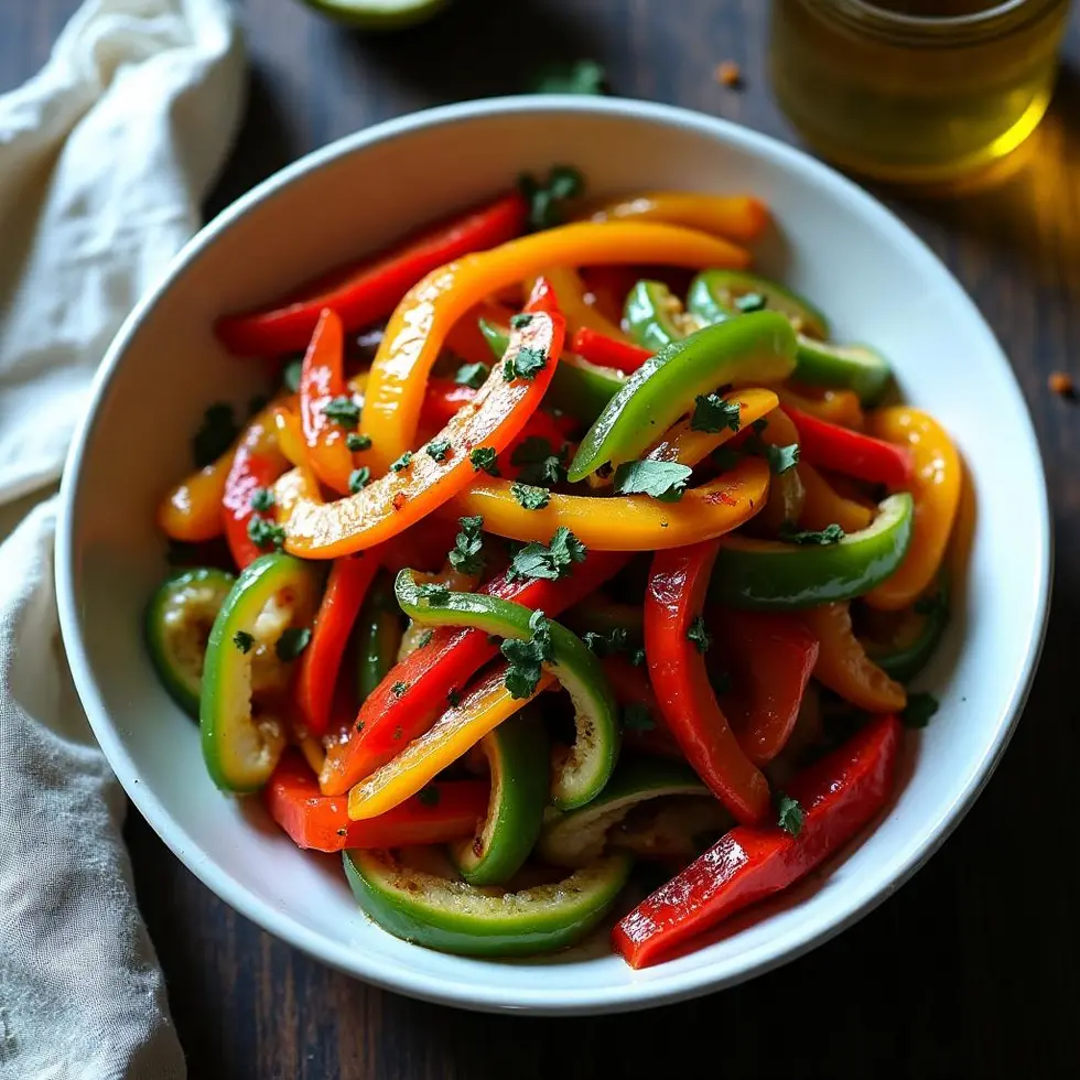 Charred bell peppers and onions with oregano in a white bowl on a wooden table — chipotle fajita veggies copycat