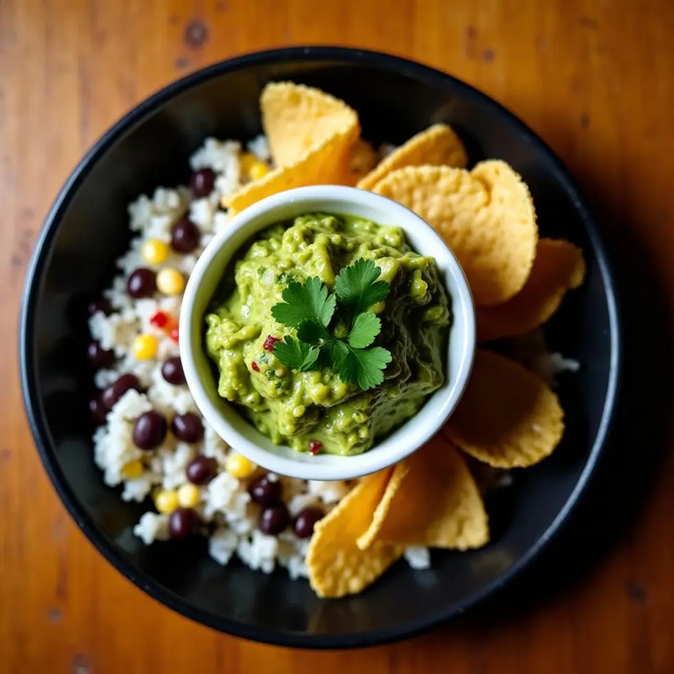 Guacamole served in a burrito bowl with rice and black beans, overhead view