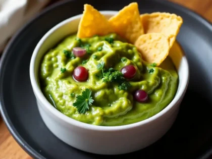 Chunky green guacamole in a white ramekin with visible cilantro and red onion, tortilla chips alongside