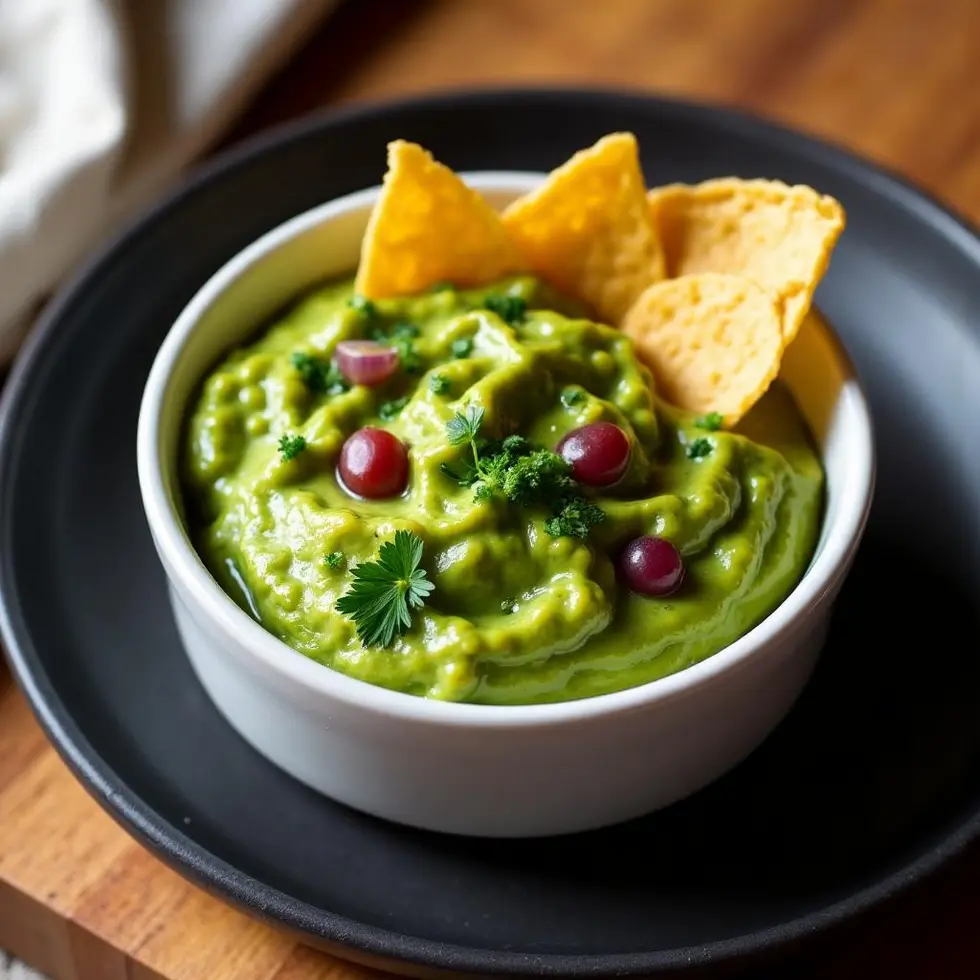 Chunky green guacamole in a white ramekin with visible cilantro and red onion, tortilla chips alongside — chipotle guacamole copycat recipe
