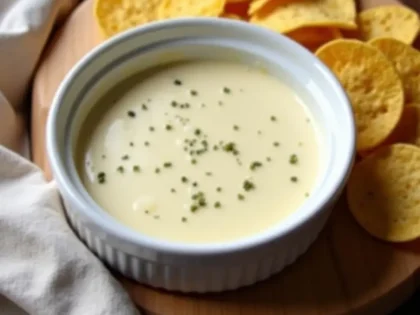 Creamy white queso blanco in a ceramic ramekin with tortilla chips on a wooden board