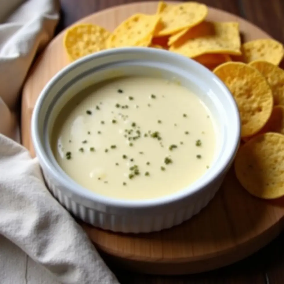 Creamy white queso blanco in a ceramic ramekin with tortilla chips on a wooden board — chipotle queso blanco copycat