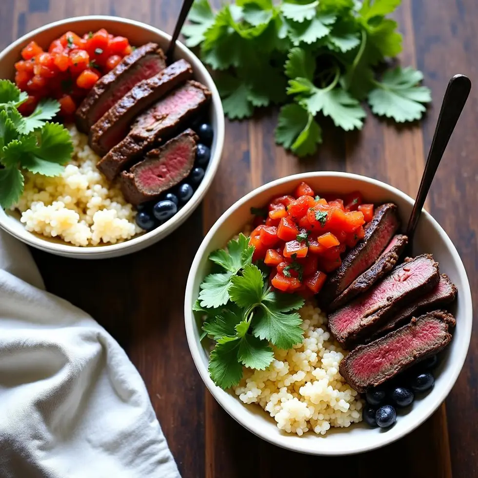 Two steak bowls with rice, beans, and salsa on a wooden table for meal prep