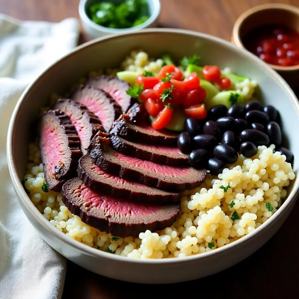 Chipotle steak bowl with sliced seared steak, cilantro lime rice, black beans, and salsa in a ceramic bowl — chipotle steak bowl recipe
