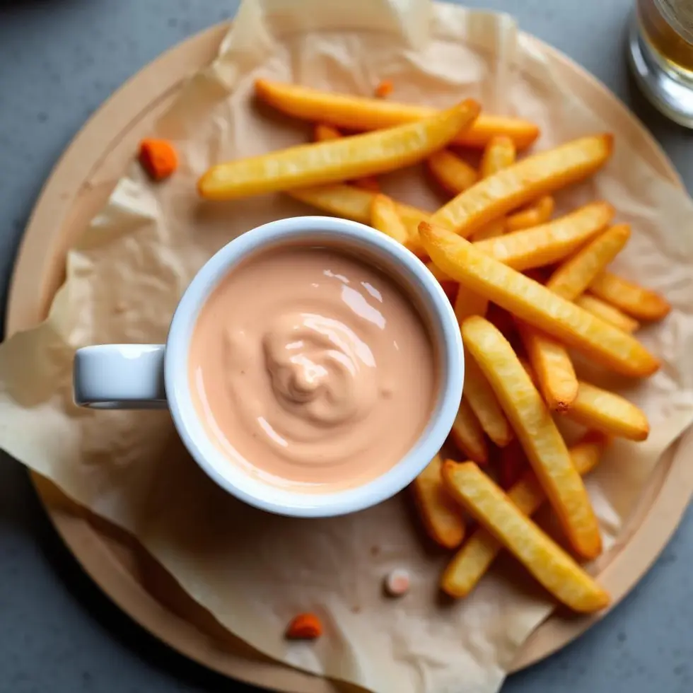 White ramekin of peachy-pink burger sauce on a wooden board with golden fries arranged for dipping