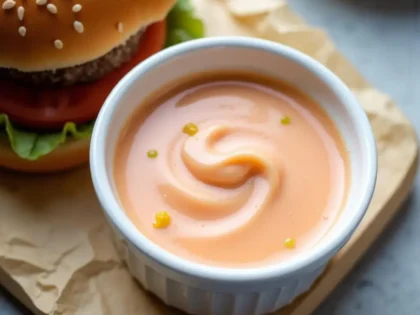 Creamy peachy-pink Big Mac sauce in a white ramekin with a swirl on top, burger bun visible at the edge