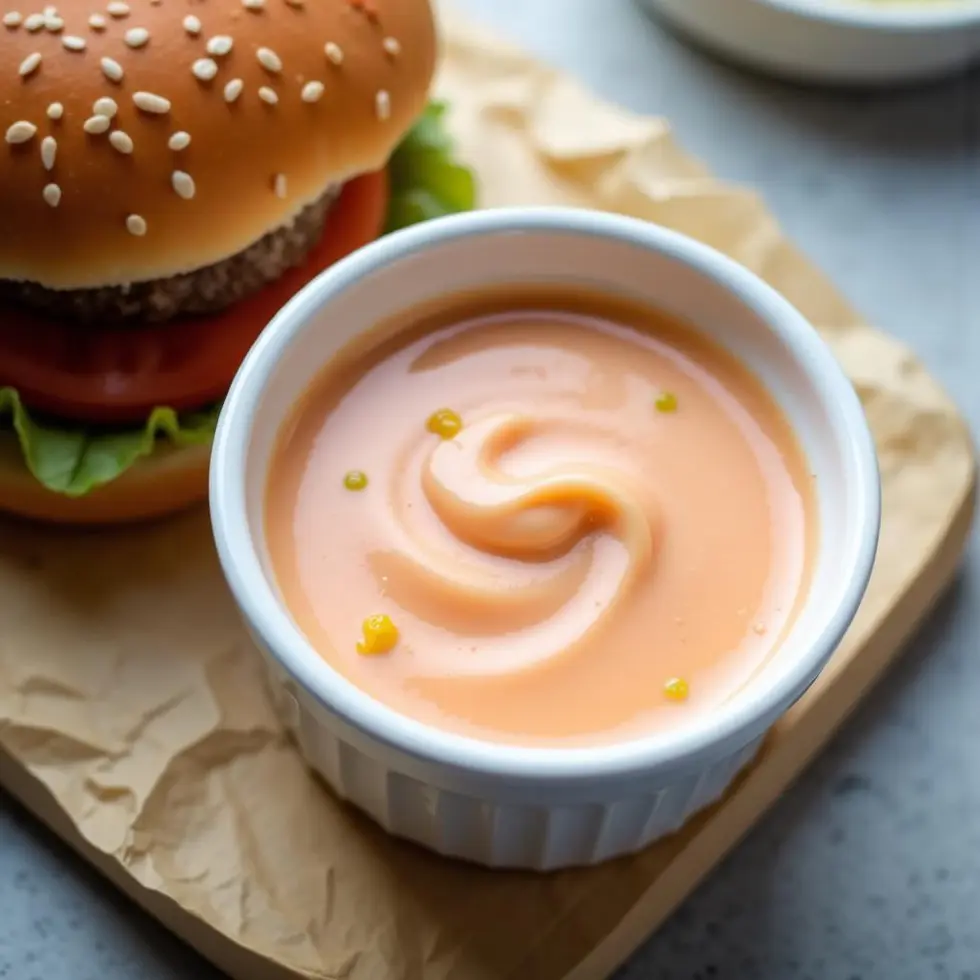 Creamy peachy-pink Big Mac sauce in a white ramekin with a swirl on top, burger bun visible at the edge — copycat big mac sauce recipe