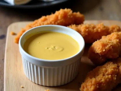 Honey mustard sauce in a white ramekin beside crispy chicken tenders on a wooden board
