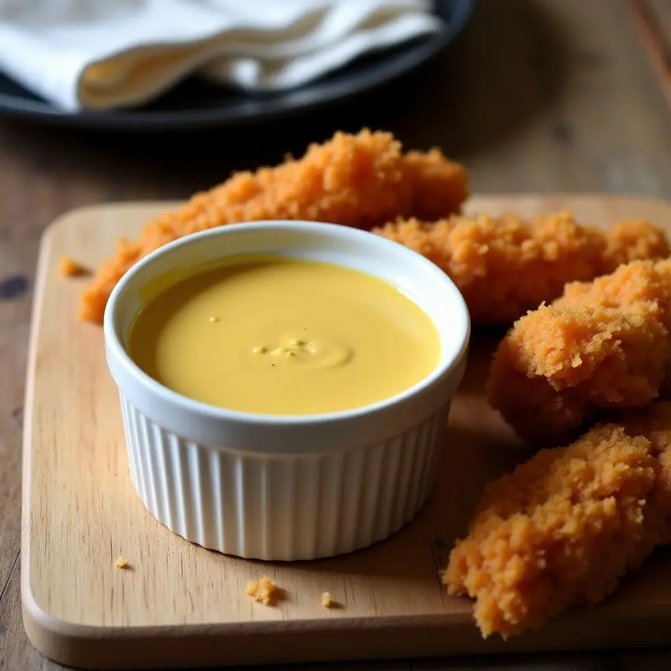 Honey mustard sauce in a white ramekin beside crispy chicken tenders on a wooden board — copycat chick fil a honey mustard sauce