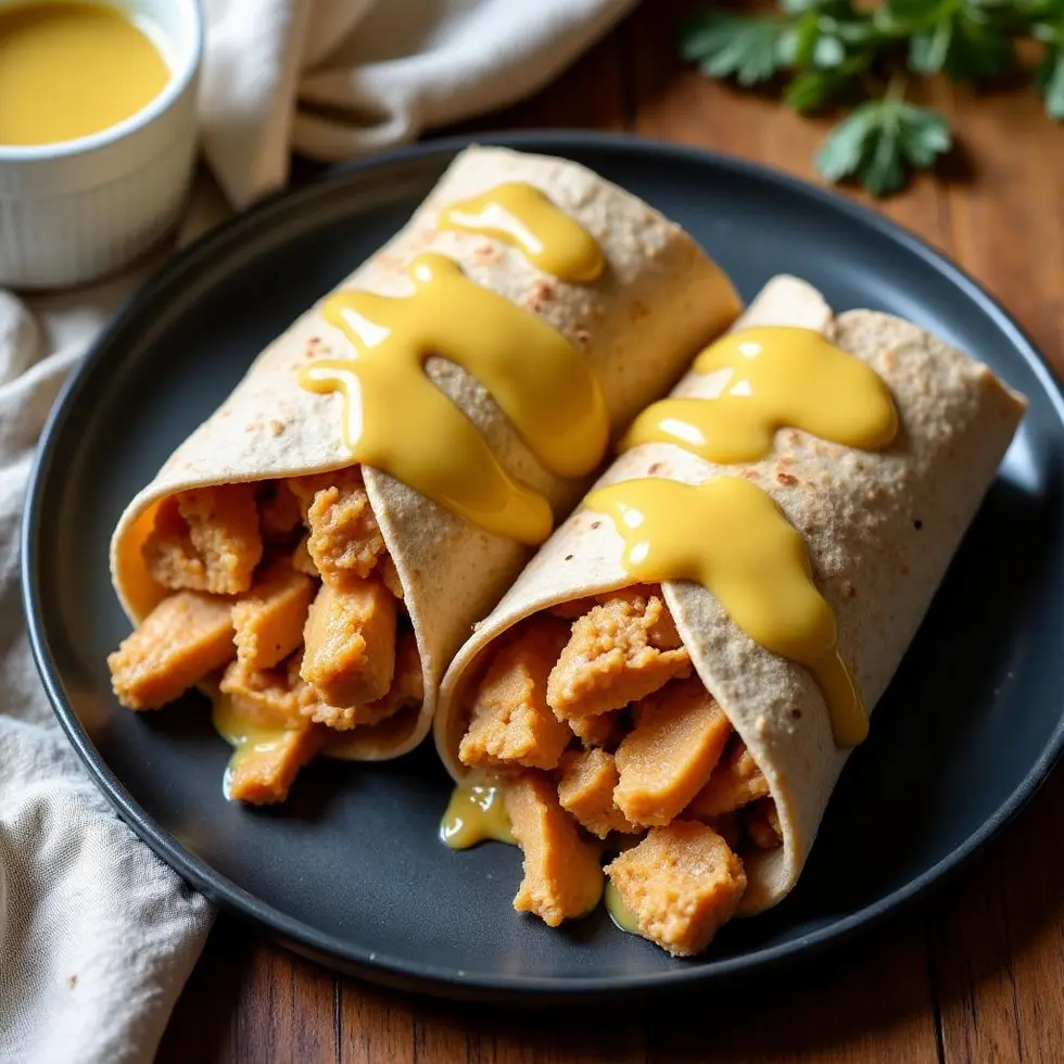 Golden sauce drizzled over grilled chicken inside a halved wrap