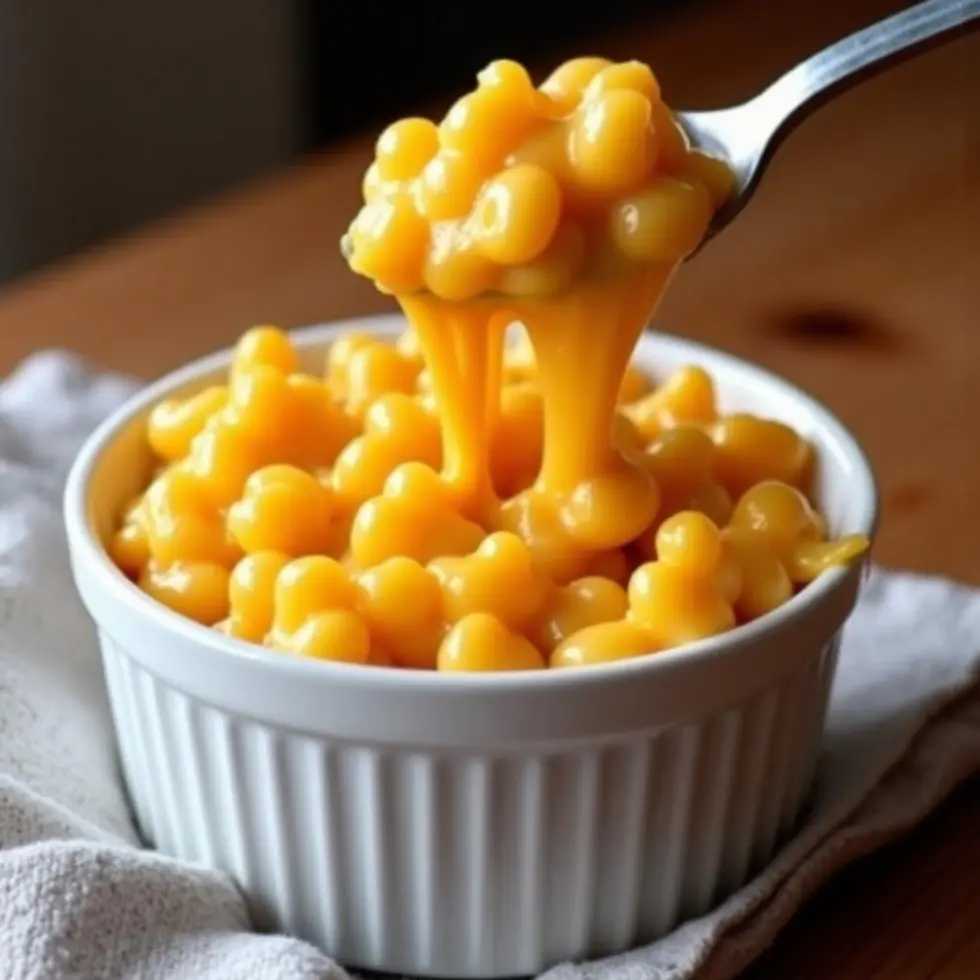 Spoonful of creamy mac and cheese lifted above ramekin showing stretchy cheese strands