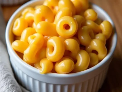 Creamy golden mac and cheese in white ramekin with glossy cheese sauce coating every pasta piece