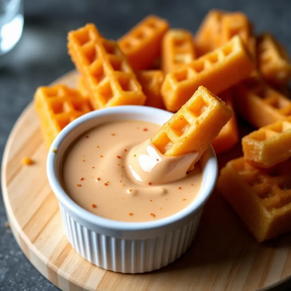 White ramekin of creamy dipping sauce with golden waffle fries on a wooden board