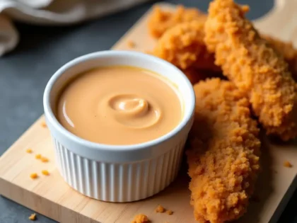 Creamy peachy-beige copycat Chick-fil-A sauce in a white ramekin with golden chicken tenders on a wooden board