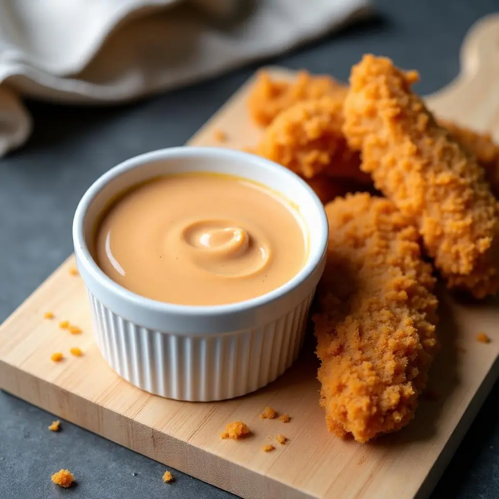 Creamy peachy-beige copycat Chick-fil-A sauce in a white ramekin with golden chicken tenders on a wooden board