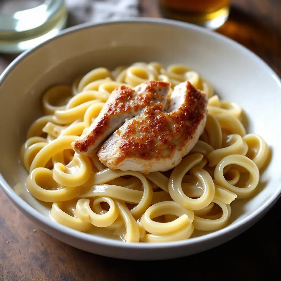 Copycat Olive Garden chicken alfredo in a white bowl with sliced seared chicken over creamy fettuccine — copycat chicken alfredo olive garden