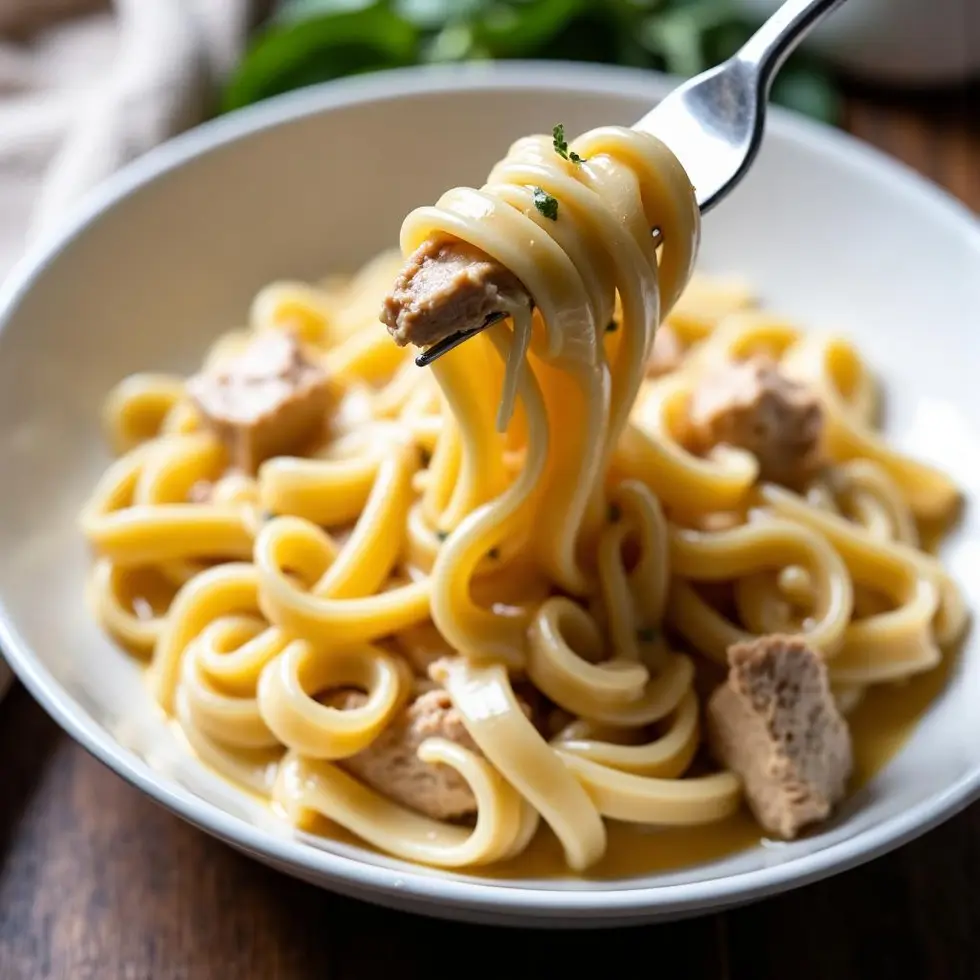 Fork twirling creamy fettuccine with chicken, sauce dripping from the noodles